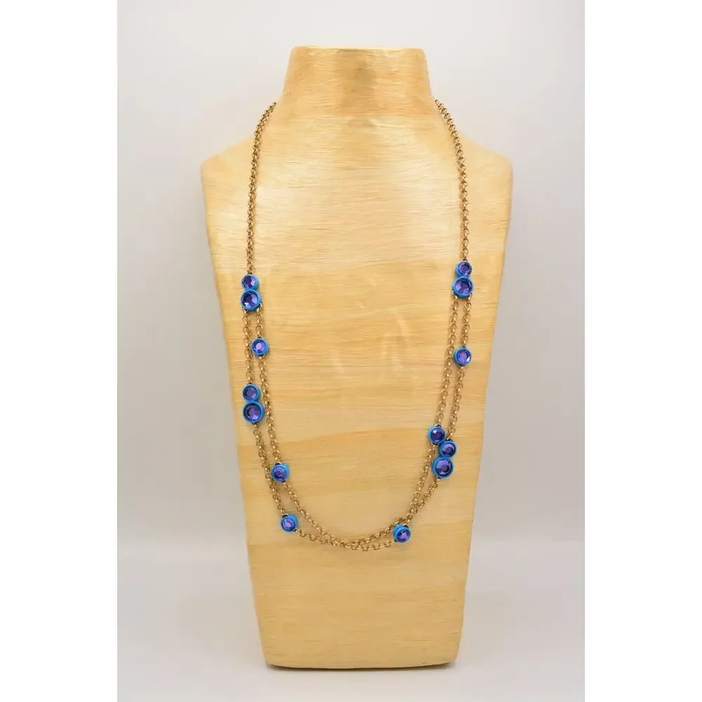 Coldwater Creek Necklace Blue Purple Crystal Rhinestone Chain Gold Signed 9J